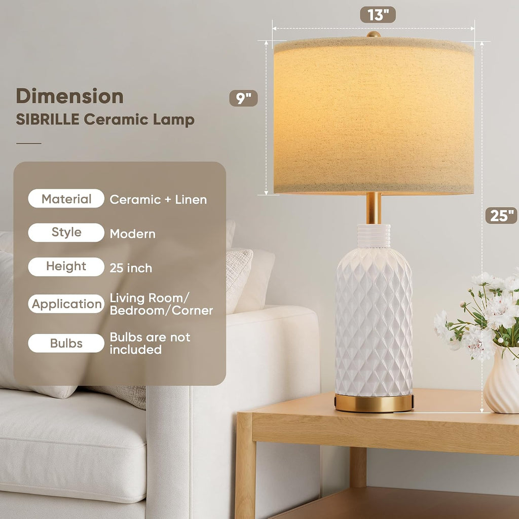 SIBRILLE 25" Ceramic Table Lamps Set of 2, White, USB-C/USB-A & AC Outlet