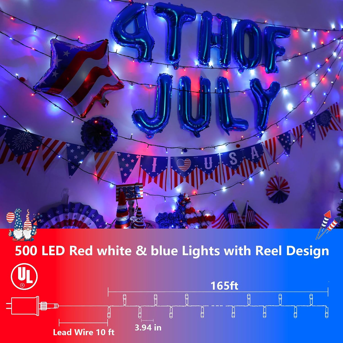 YEGUO 500 LED Red White and Blue String Lights Outdoor 4th of July Decorations - 165ft Patriotic Lights Plug in with 8 Modes for Memorial Independence Day Decor