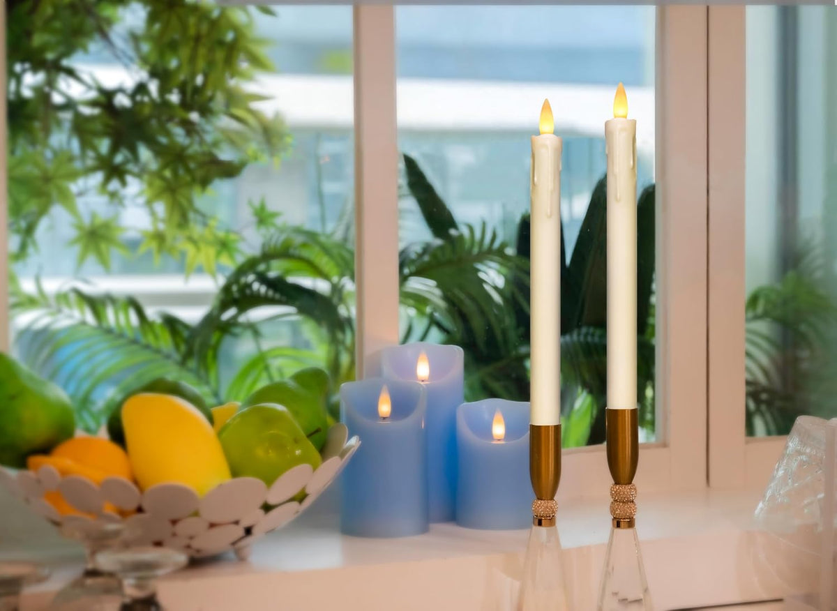 Dripping Flameless Taper Candles Flickering with Remote and Timer, 3D Moving Flame Taper Candle Battery Operated to 400 Hours, 9 Inch Window Candles. (Ivory, 9in)