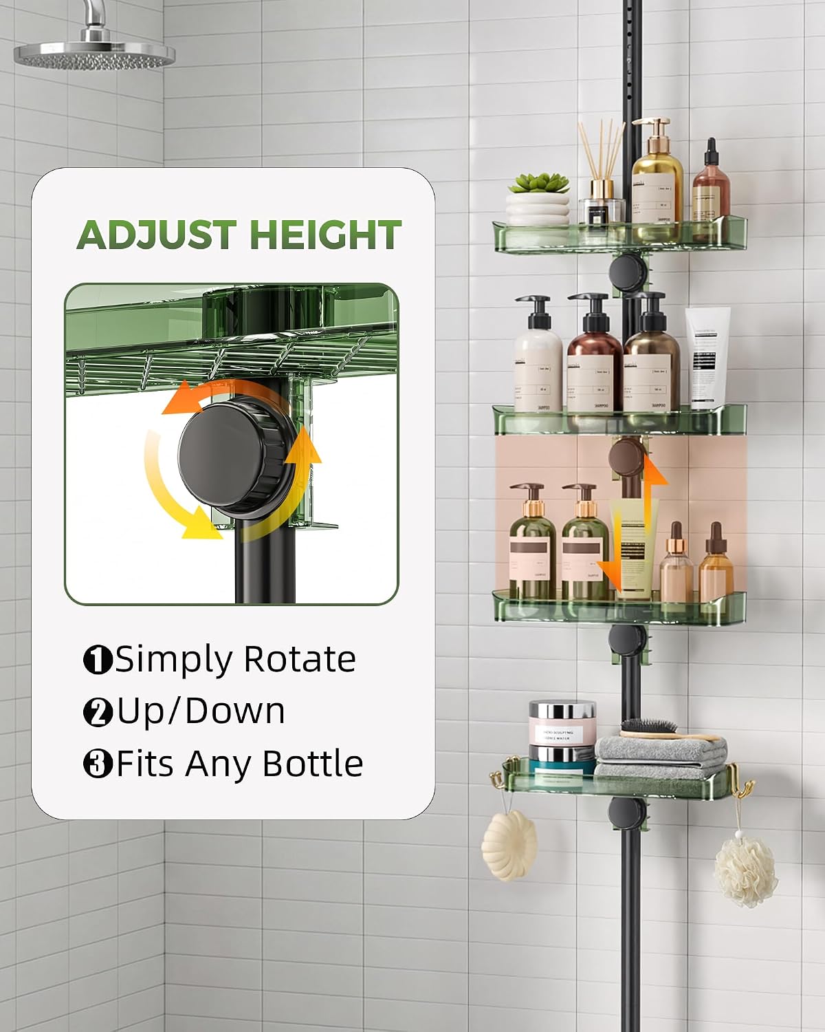 Shower Caddy Tension Pole, Bathroom Organizer Shelves, Green