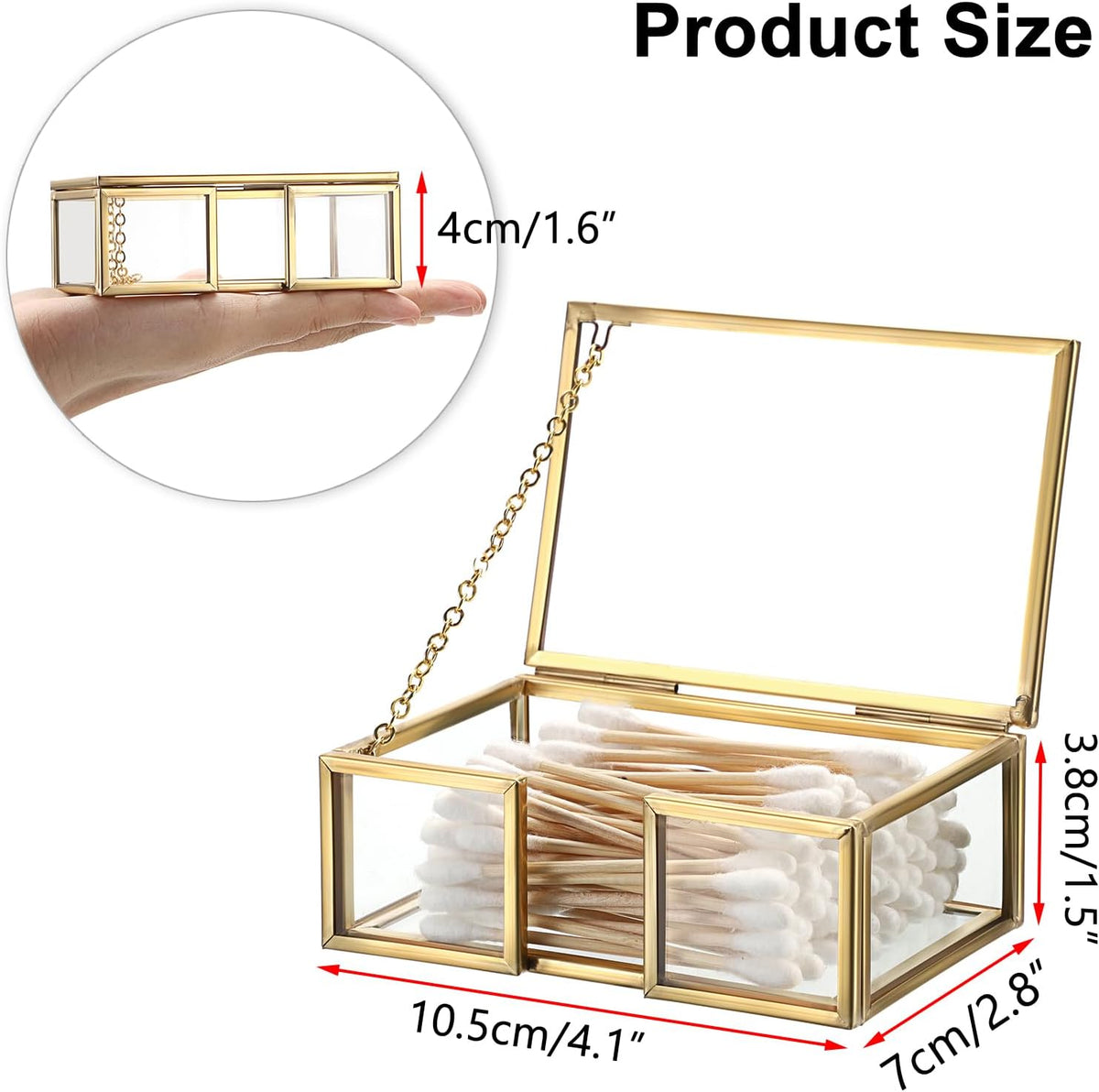 Cotton Swab Holder Small Qtip Dispenser Glass Bathroom Accessories Storage Canister for Dental Floss Pick Organizer Box, 4.1" L x 2.8" W x 1.5" H