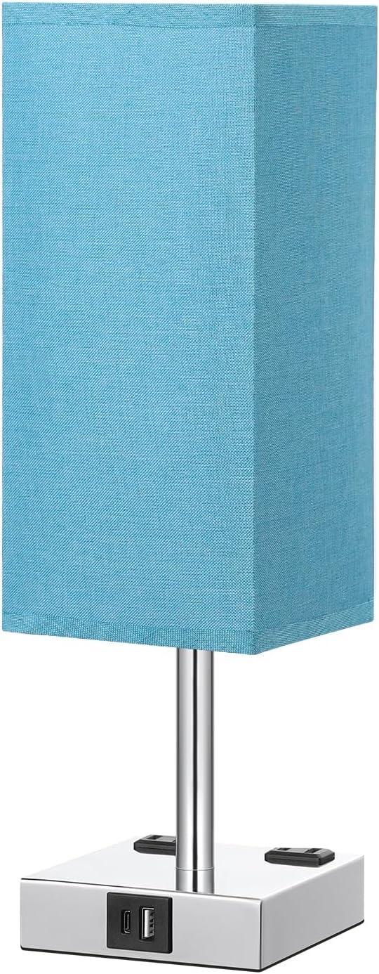 Turquoise Touch Table Lamp for Bedroom - Dimmable, USB C+A, 2 AC Outlets