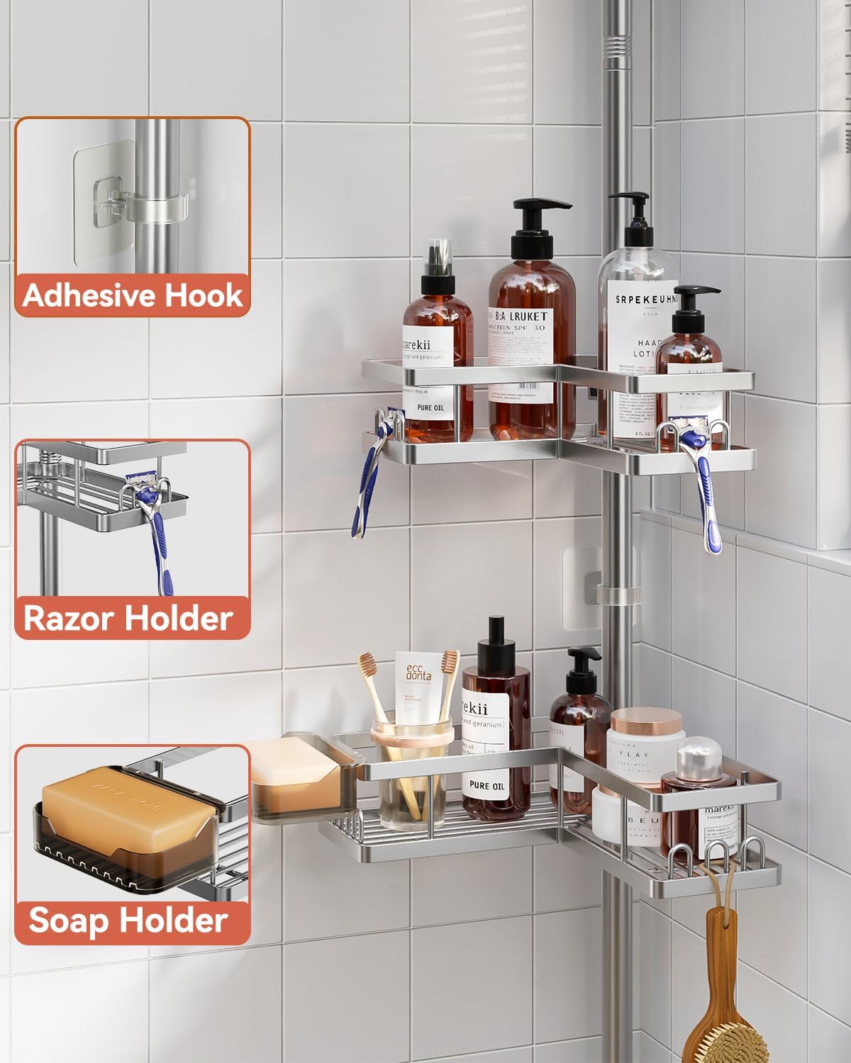 YASONIC Corner Shower Caddy Tension Pole, Adjustable Shower Shelves, Rust-Resistant Shower Organizer, No-Drill 3-Step Installation, Bathroom Shelves for Renters & Family, Silver