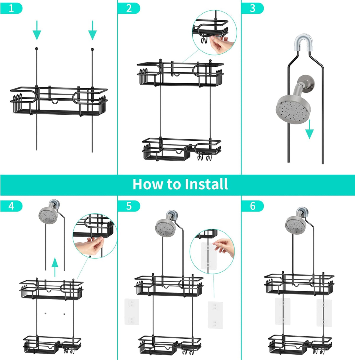 HapiRm Hanging Shower Caddy Organizer - Bathroom Organizer with 12 Hooks and Soap Holder, Rustproof Shower Shelf over Shower Head - Black