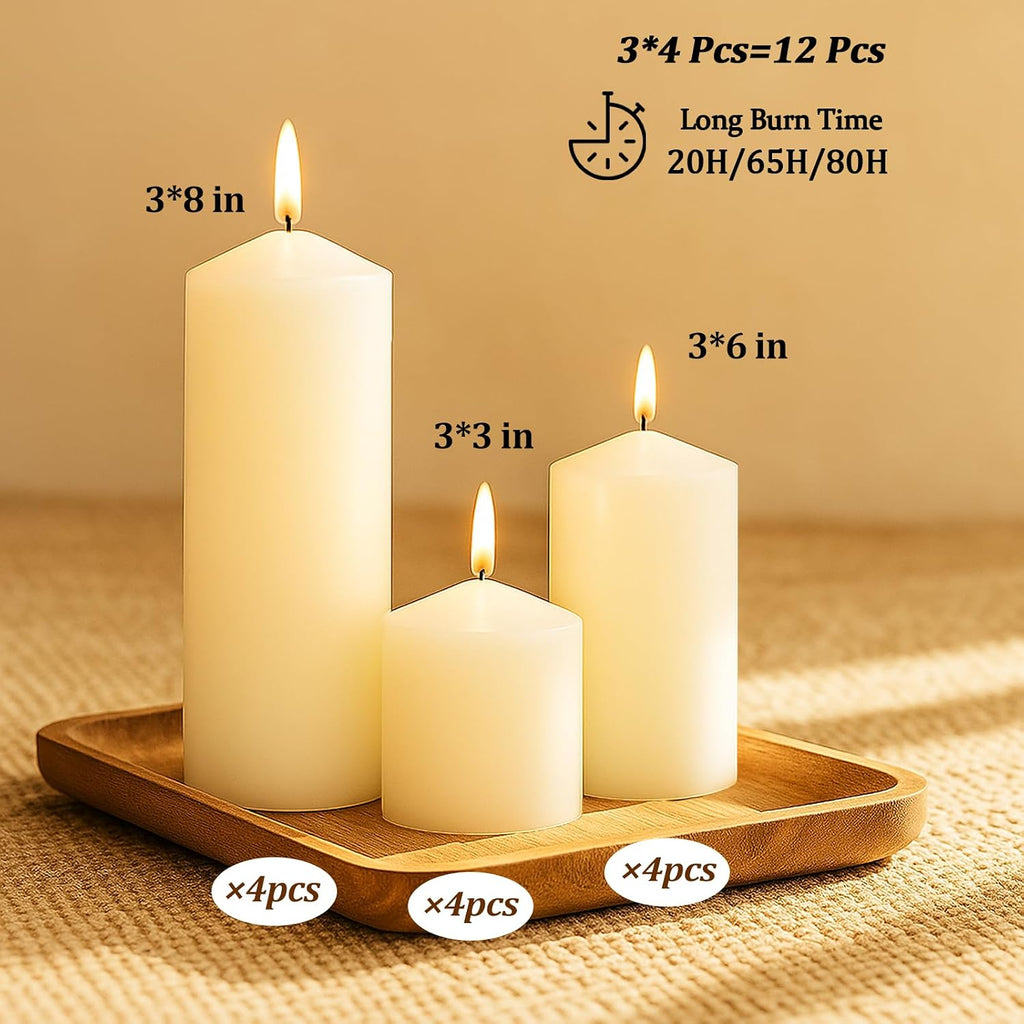 12 Pack Ivory Pillar Candles Bulk Set, 3x3 3x6 3x8 Inch - 4 Each Size, Dripless Smokeless Clean Burning for Wedding Centerpieces, Home Decor, Church, Romantic Ambiance！