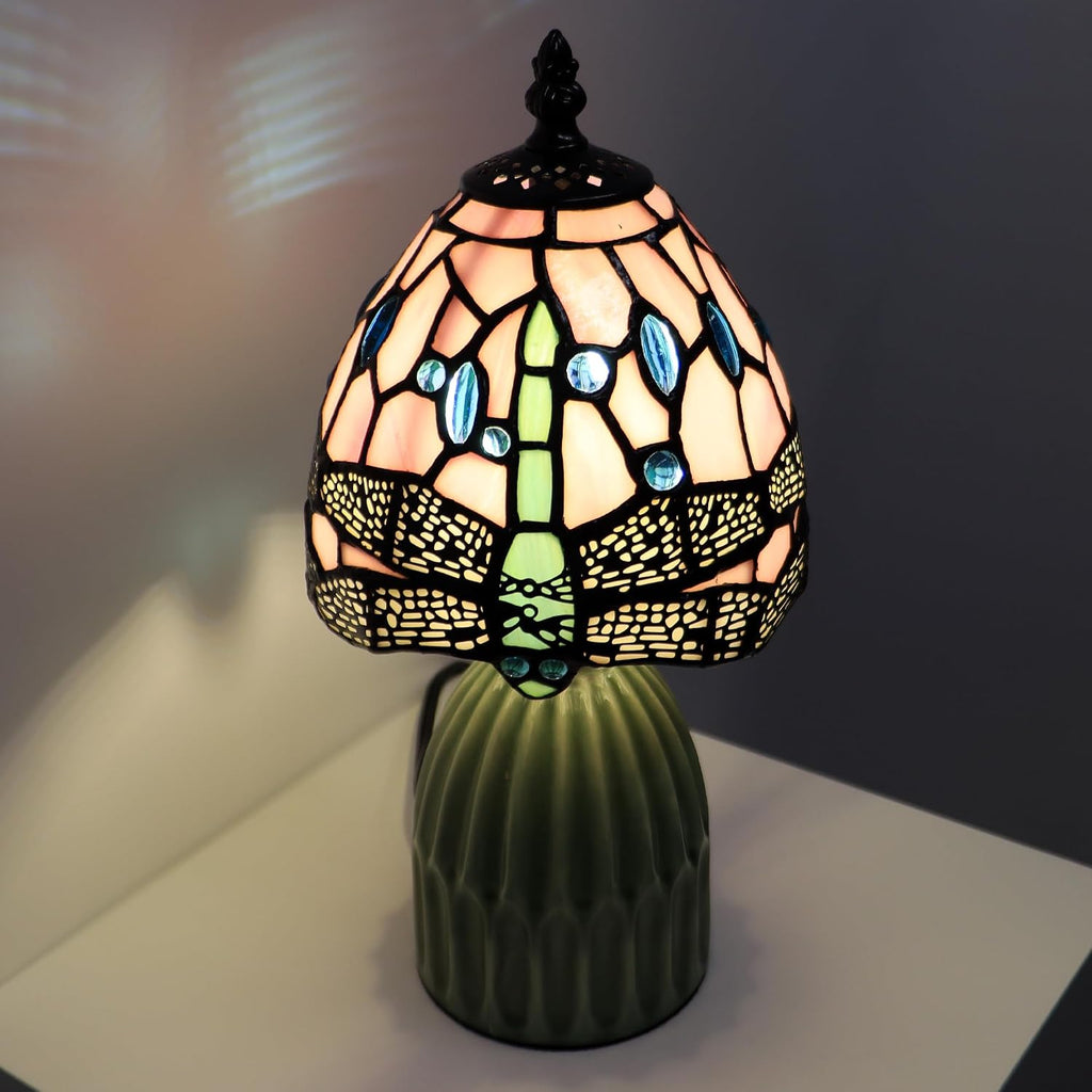Tiffany Stained Glass Mushroom Table Lamp 12.5 Inch -Pink Dragonfly