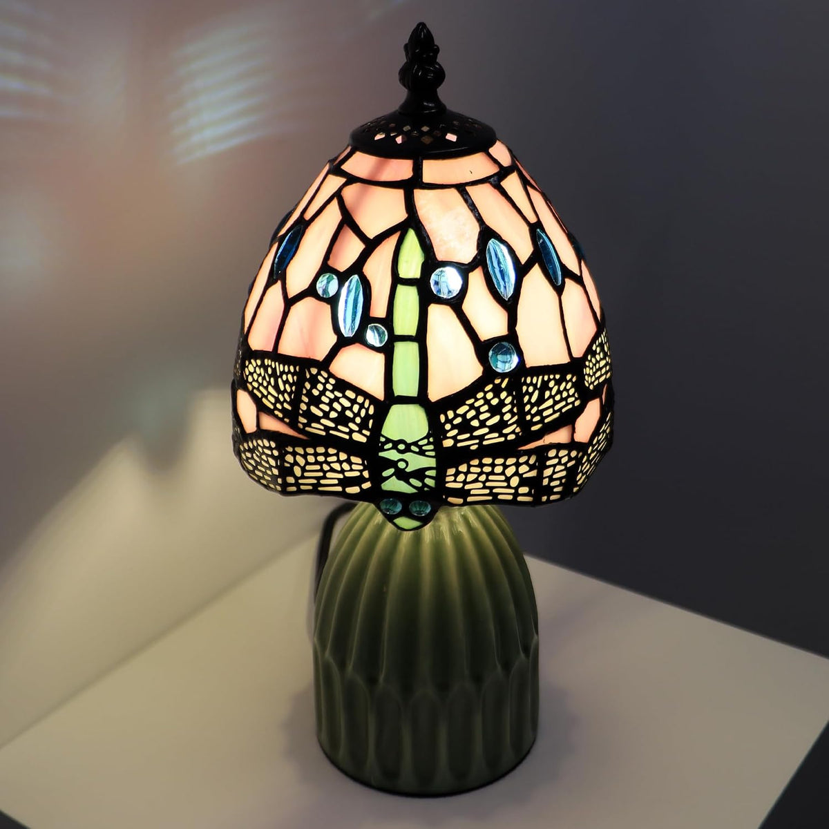Tiffany Stained Glass Mushroom Table Lamp 12.5 Inch -Pink Dragonfly