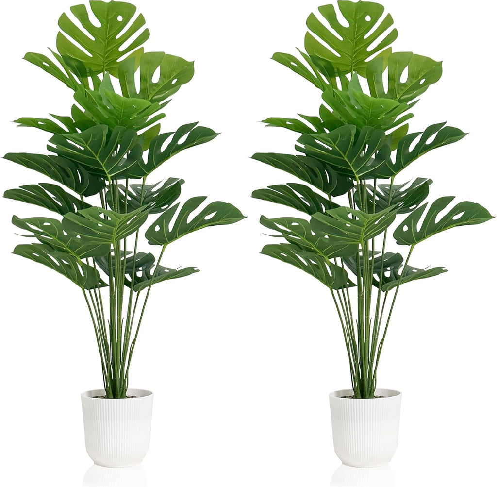 SAJANDAS Set of 2 Artificial Monstera Deliciosa Plants in Pots, Fake Tropical Trees with Greenery Leaves Stems, 32 Inch Faux Swiss Cheese Floor Plants for Home Porch, Garden, Office, Store Decor