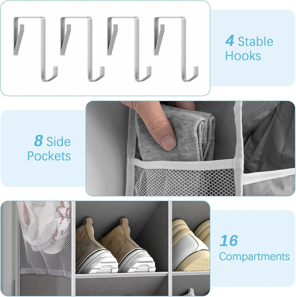 Yecaye 16-24 Pairs Over the Door Shoe Organizer, Large Capacity Hanging Shoe Rack for Door Hanger with Deep Pockets, 8 Tier Shoe Holder for Sneakers Boots Heels College Dorm Essentials, Grey