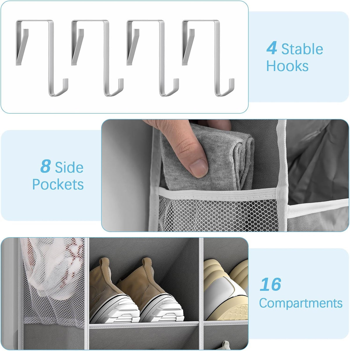 Yecaye 16-24 Pairs Over the Door Shoe Organizer, Large Capacity Hanging Shoe Rack for Door Hanger with Deep Pockets, 8 Tier Shoe Holder for Sneakers Boots Heels College Dorm Essentials, Grey