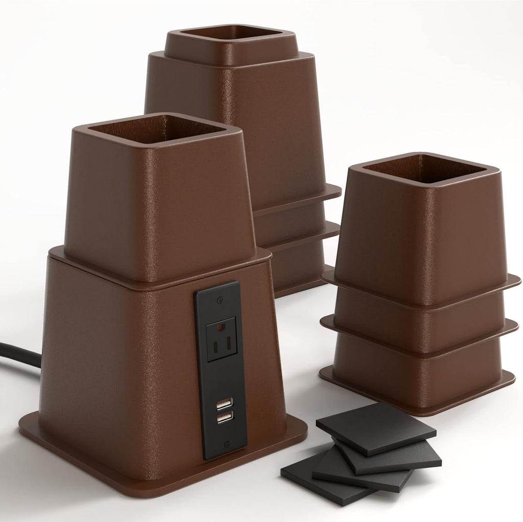 Home Intuition Heavy Duty Adjustable Bed Risers Furniture Riser 3, 5 or 8-Inch, 4 Pack (Espresso Brown W/USB)