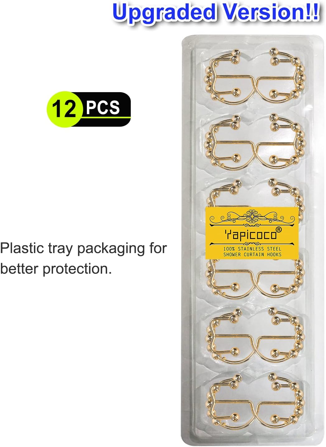 Shower Curtain Hooks Rings for Bathroom, 12PCS Stainless Steel Metal Rust Resistant Balance Sliding Double Curtain Hooks (Gold)