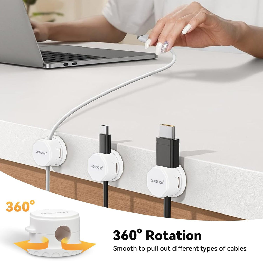 aceyoon 8 Pack Magnetic Cable Clips Cord Holder, Desk Cable Management [1s Lock] Rotatable Spring Cable Clips Adhesive Wire Management for USB Charger Cord, Nightstand, Car, Office, Home (White)