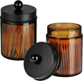 Amolliar Amber Glass Apothecary Jars Qtip Holder w/Metal Lids,Black 2pc