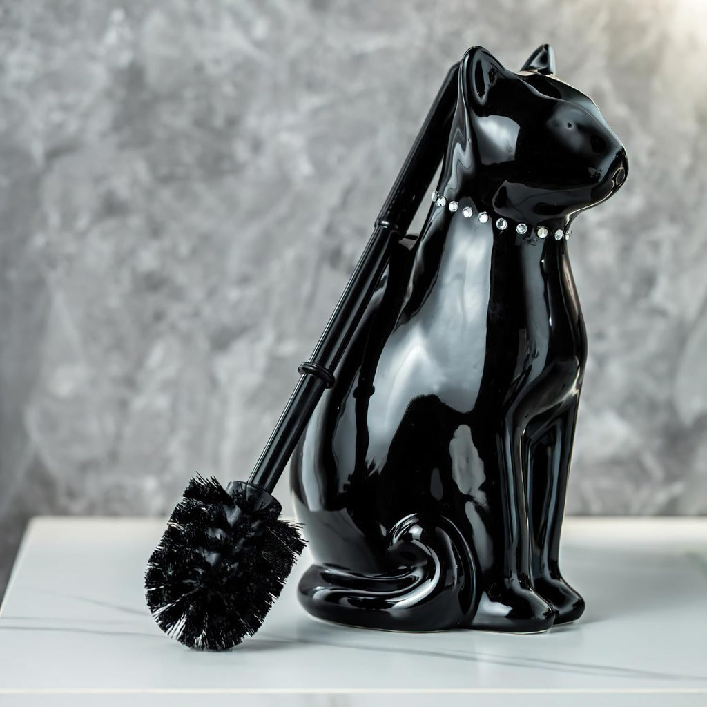 Cat Toilet Brush Holder - Ceramic Whimsical Feline Design with Wide-Mouth Storage, Black Toilet Bowl Brush and Holder Set Cute for Bathroom Ground, Easy-Clean Cat Lover Gift (Black)