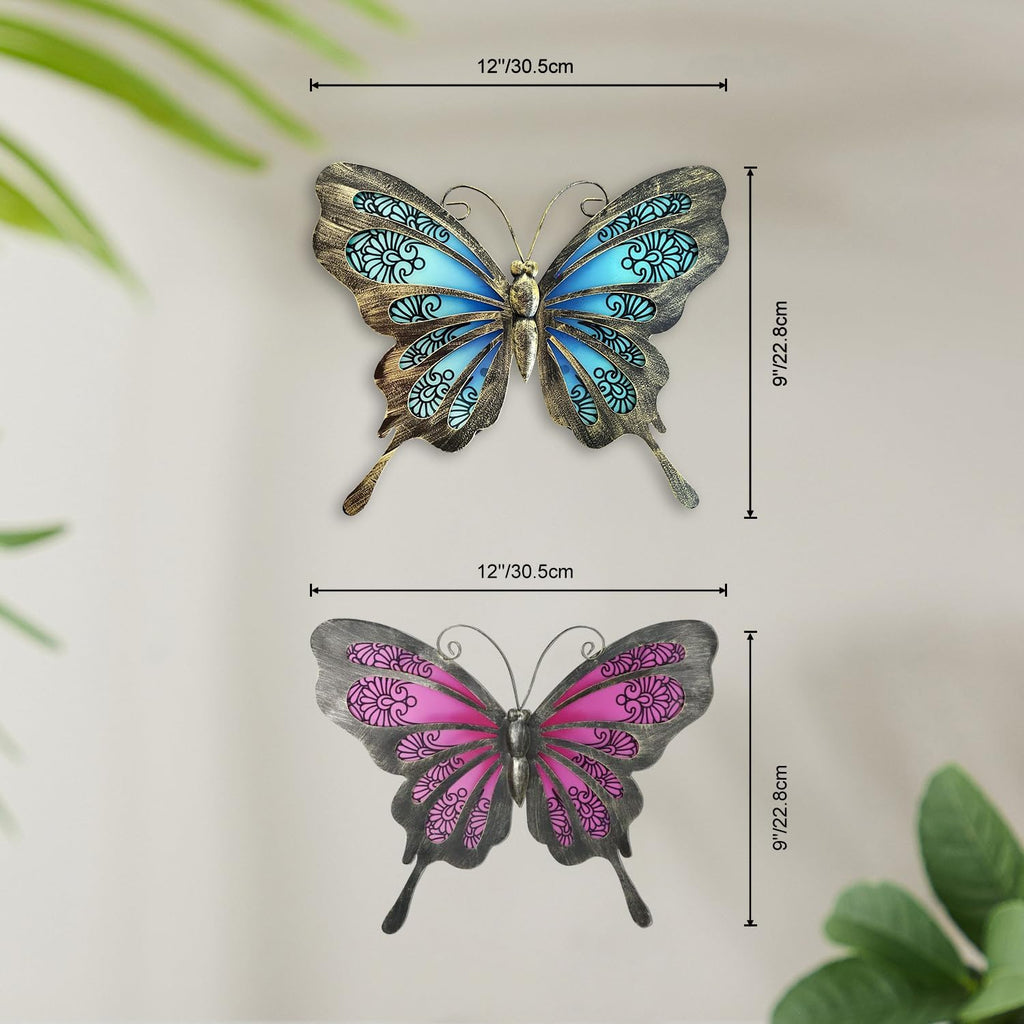 LIFFY Metal Butterfly Wall Decor,2Pack 12" Glass Butterfly Outdoor Wall Art Sculptures,Hanging Garden Decor Outside for Home,Yard,Fence,Patio