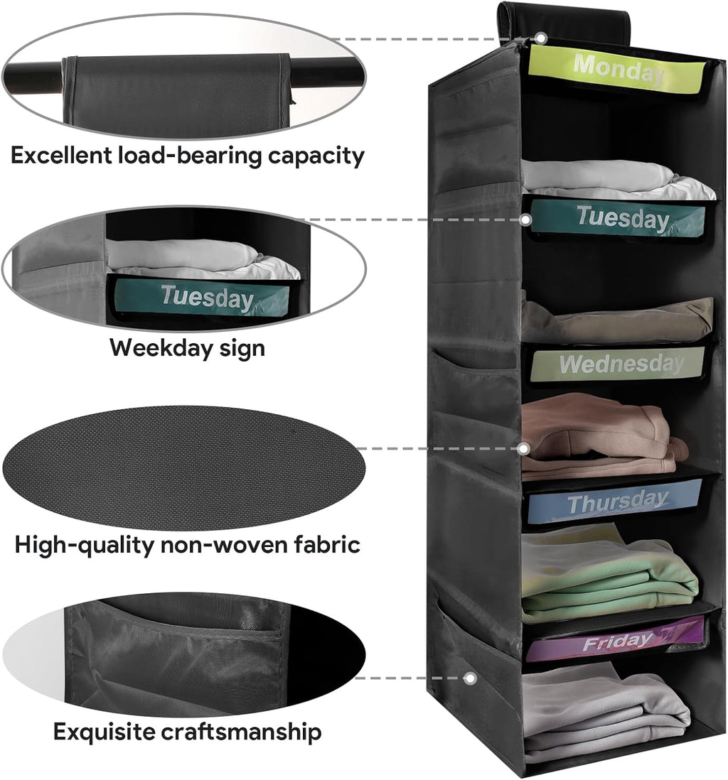 5-Shelf Weekly Clothes Organizer for Kids Days of The Week Storage (Black)