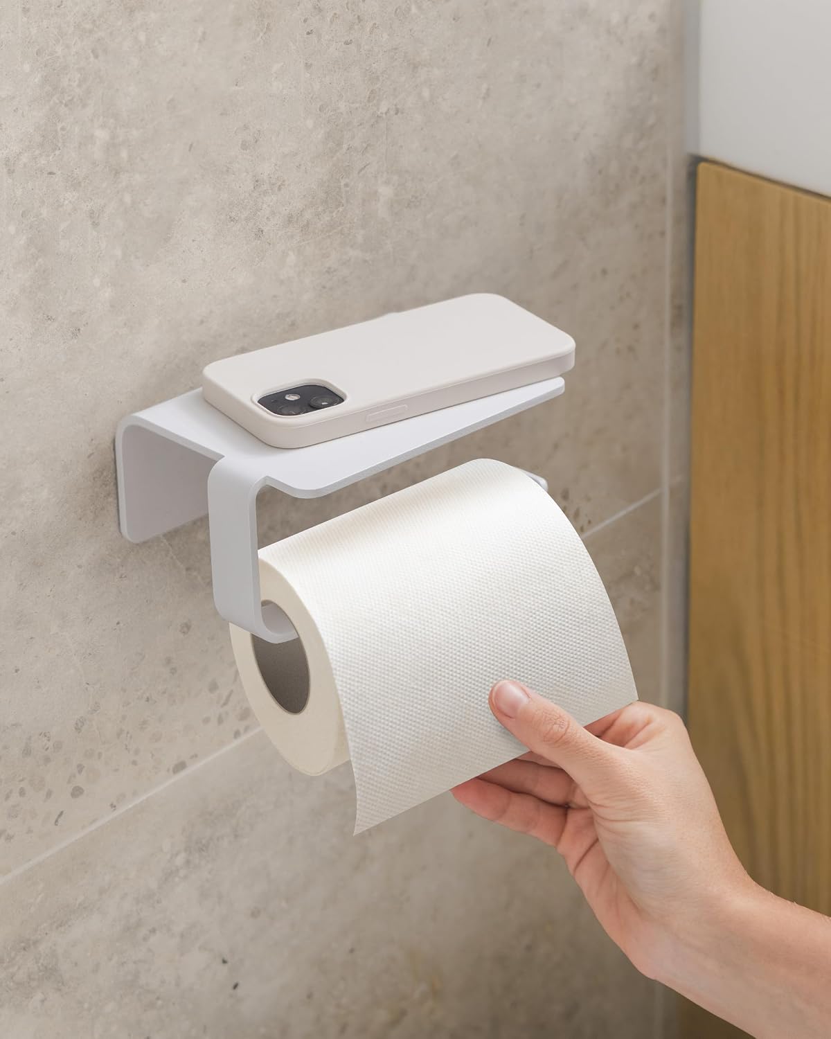 KAZAI. Toilet Paper Holder Wall Mount No Drill | Adhesive Toilet Paper Holder with Shelf | Bathroom Tissue Holder | Metal Toilet Paper Roll Dispenser | White
