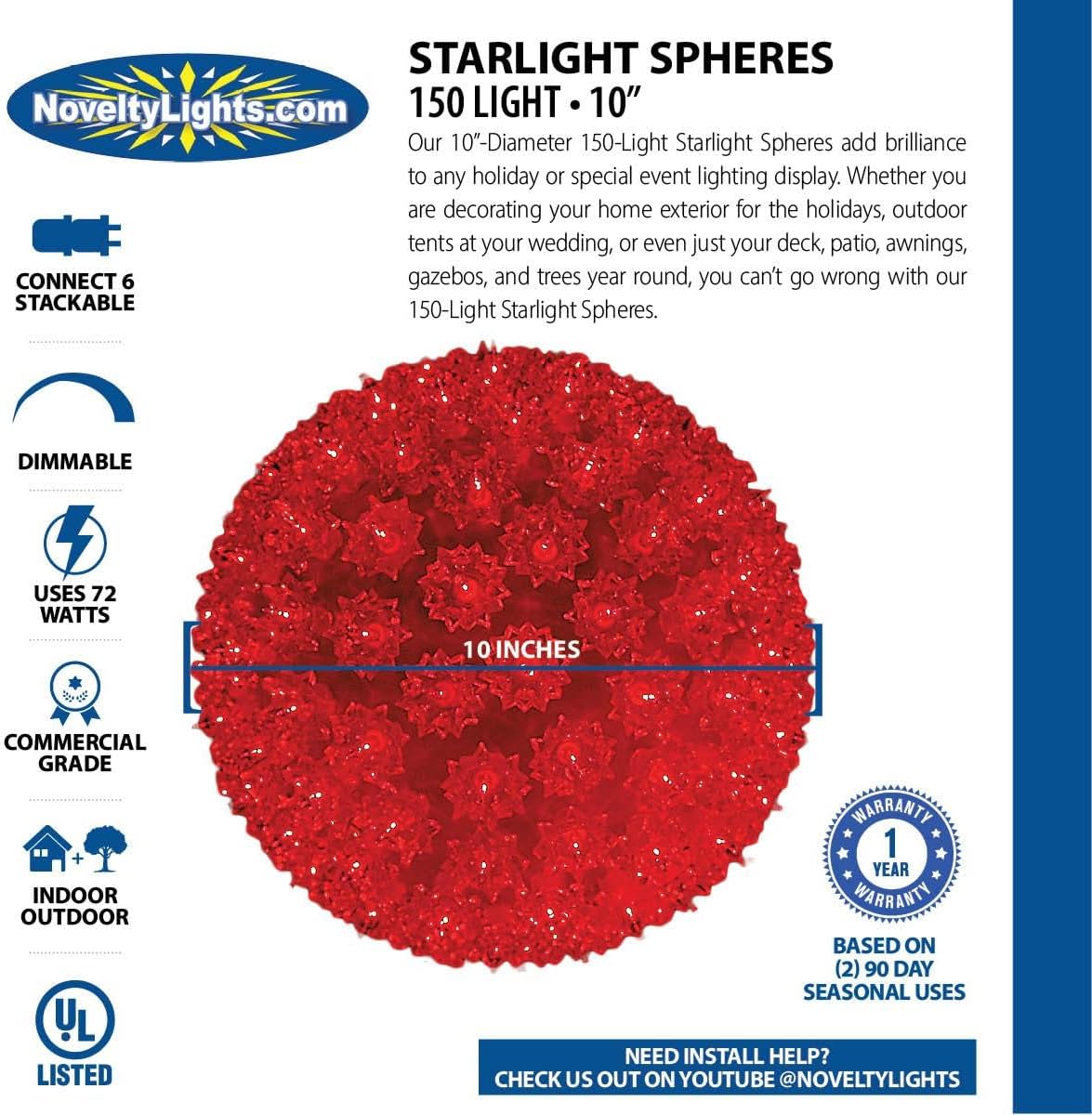 Novelty Lights 10in 150 Light Twinkling Starlight Sphere, Clear, Outdoor