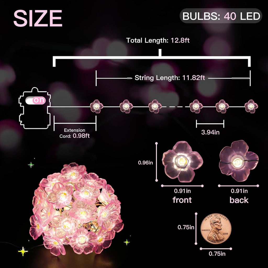 suddus 12.8ft 40 LED Pink Fairy Lights Cherry Blossom Battery Operated