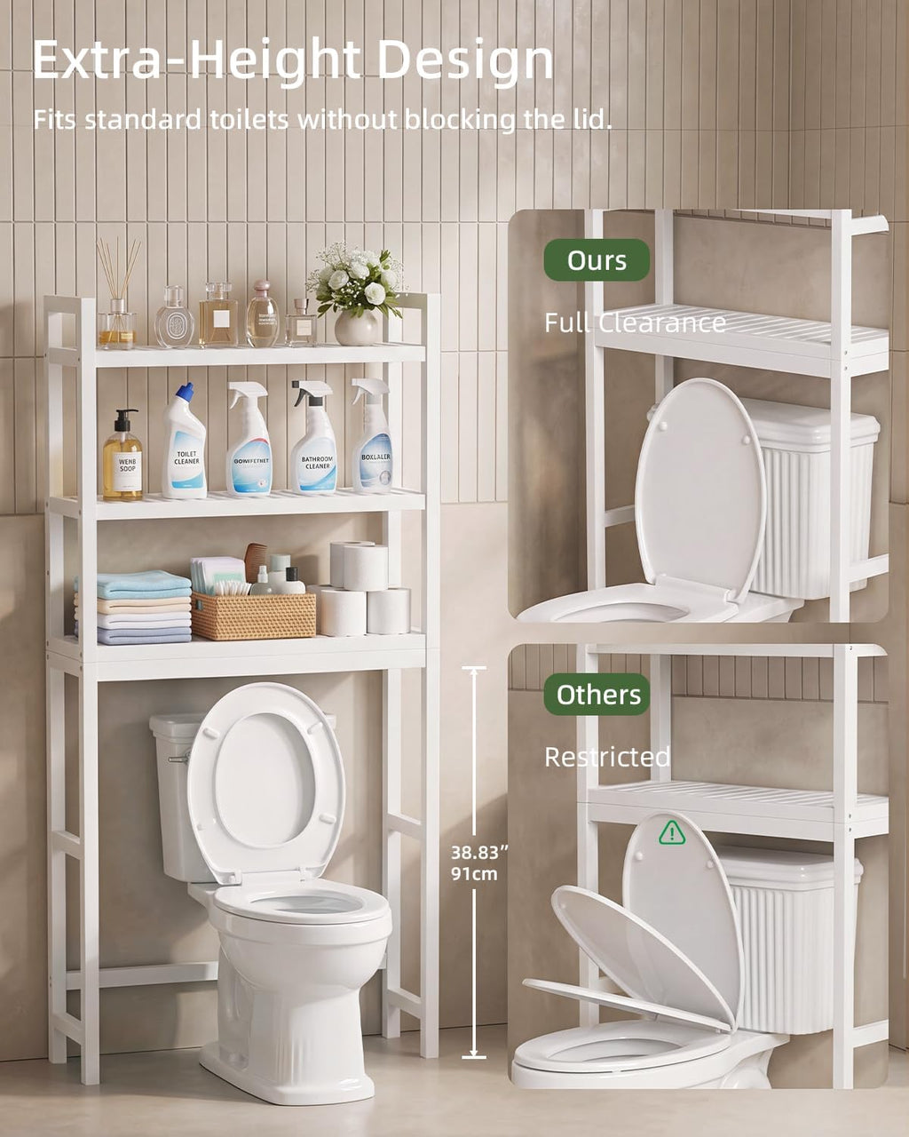 SMIBUY Bathroom Storage Shelf, Bamboo Over-The-Toilet Organizer Rack, Freestanding Toilet Space Saver with 3-Tier Adjustable Shelves (White)