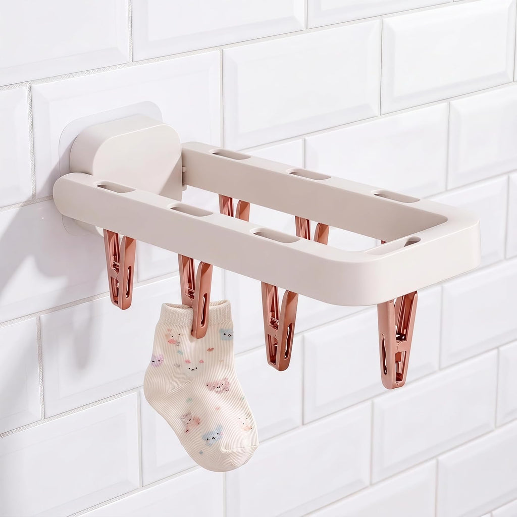 Wall Mounted Drying Rack with 7 Hidden Clips for Socks&Underwear-White2Pack