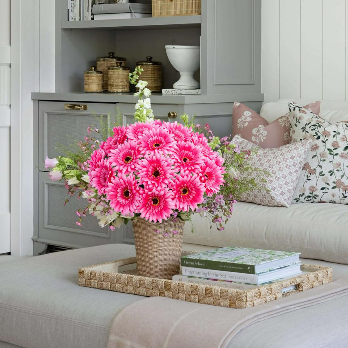 20 Pcs Fake Silk Gerbera Daisy Artificial Flowers with Stems Faux Daisies Flower Bulk for DIY Art Crafts Home Wedding Party Vase Centerpieces Tables Garland Wreath Decoration (Pink)