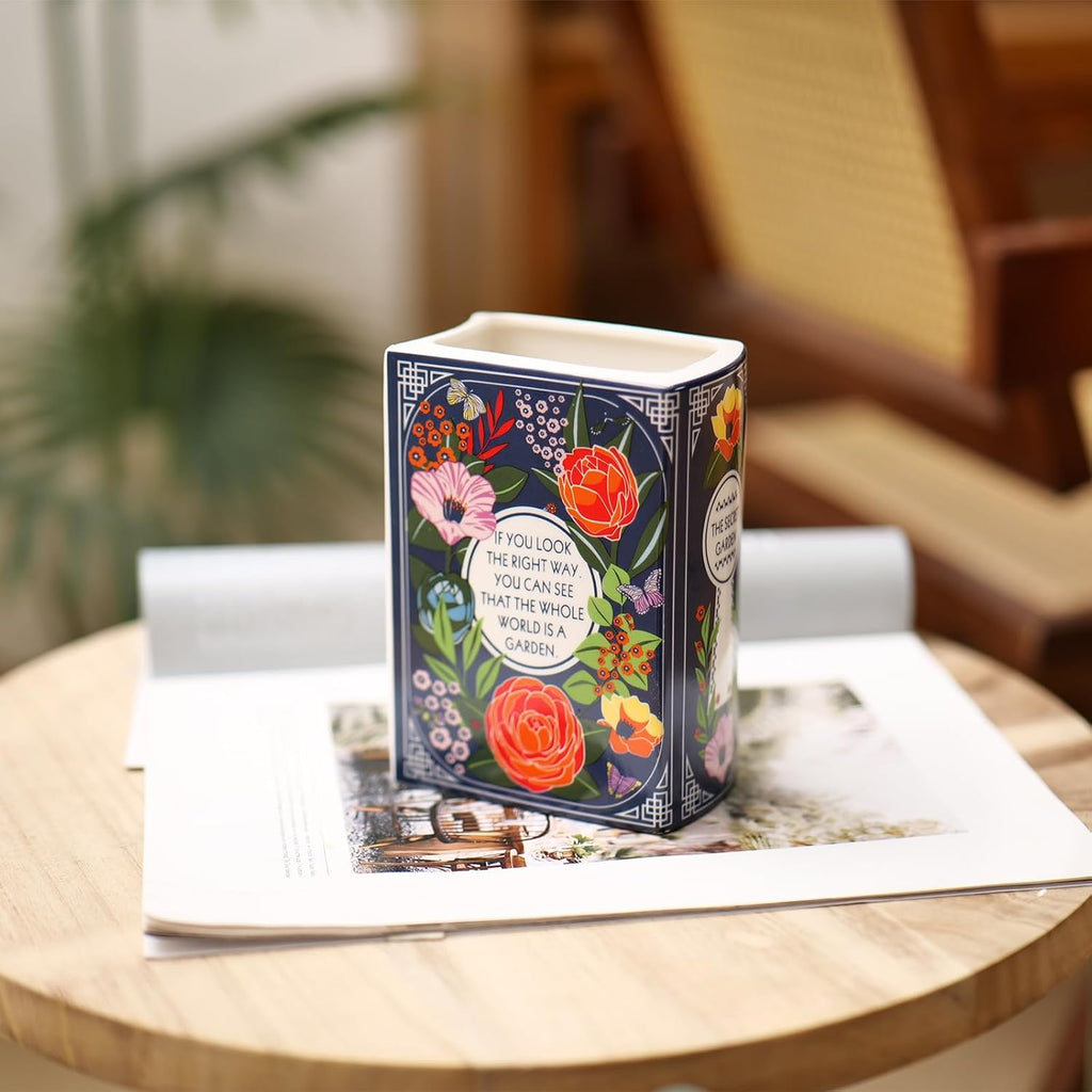 Book-Shaped Decorative Vase,Romehaha Book Vase for Flowers,Modern Ceramic Aesthetics Infused with Artistic Cultural Style,Cute Bookshelf Decor(Large - Through The Looking Glass)