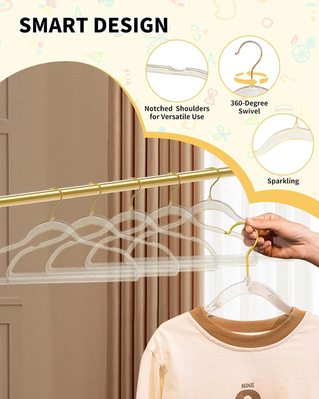 50pcs Slim Clear Toddler Hangers with 10 Connector Hooks for Kid's Closet