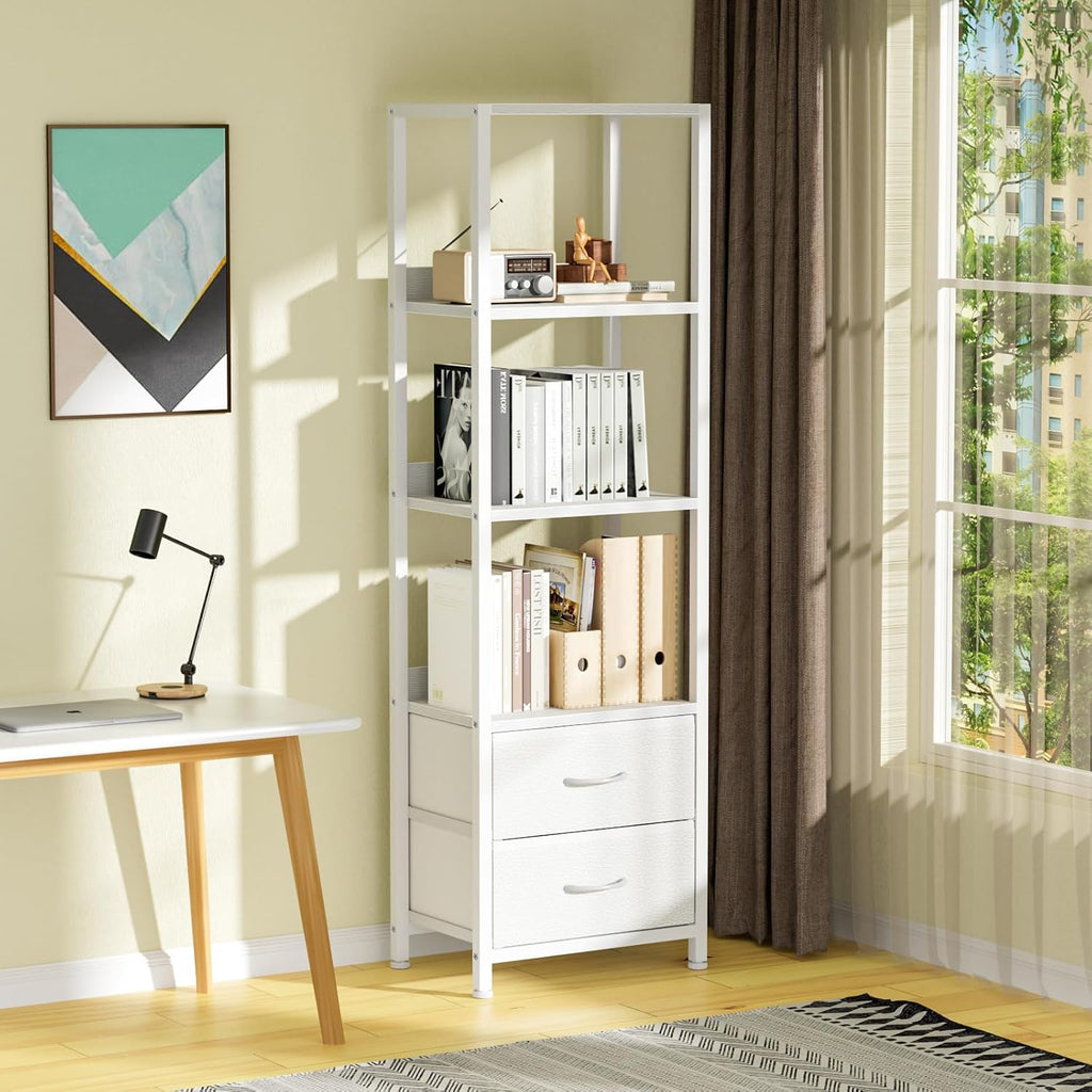 Furnulem 4-Tier Corner Shelf,White Narrow Bookshelf with 2 Storage Drawers