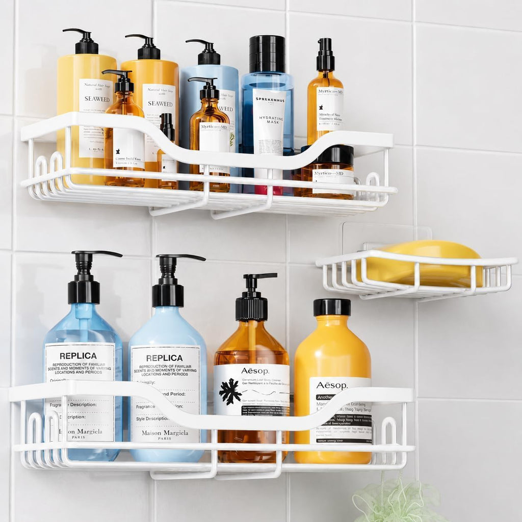 OMAIRA 3-Pack Shower Caddy with Soap Holder, Adhesive Rustproof No-drill Strudy Loading Inside Shower Organizer Shelves Rack Storage Bathroom Organization for Smooth Wall Glass Tile, White (XX-Large)