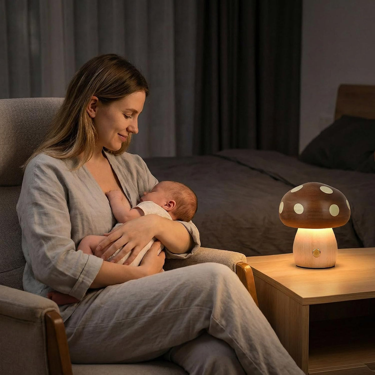 Wood Mushroom Lamp, Rechargeable Small Bedside Lamp for Nursery Bedroom