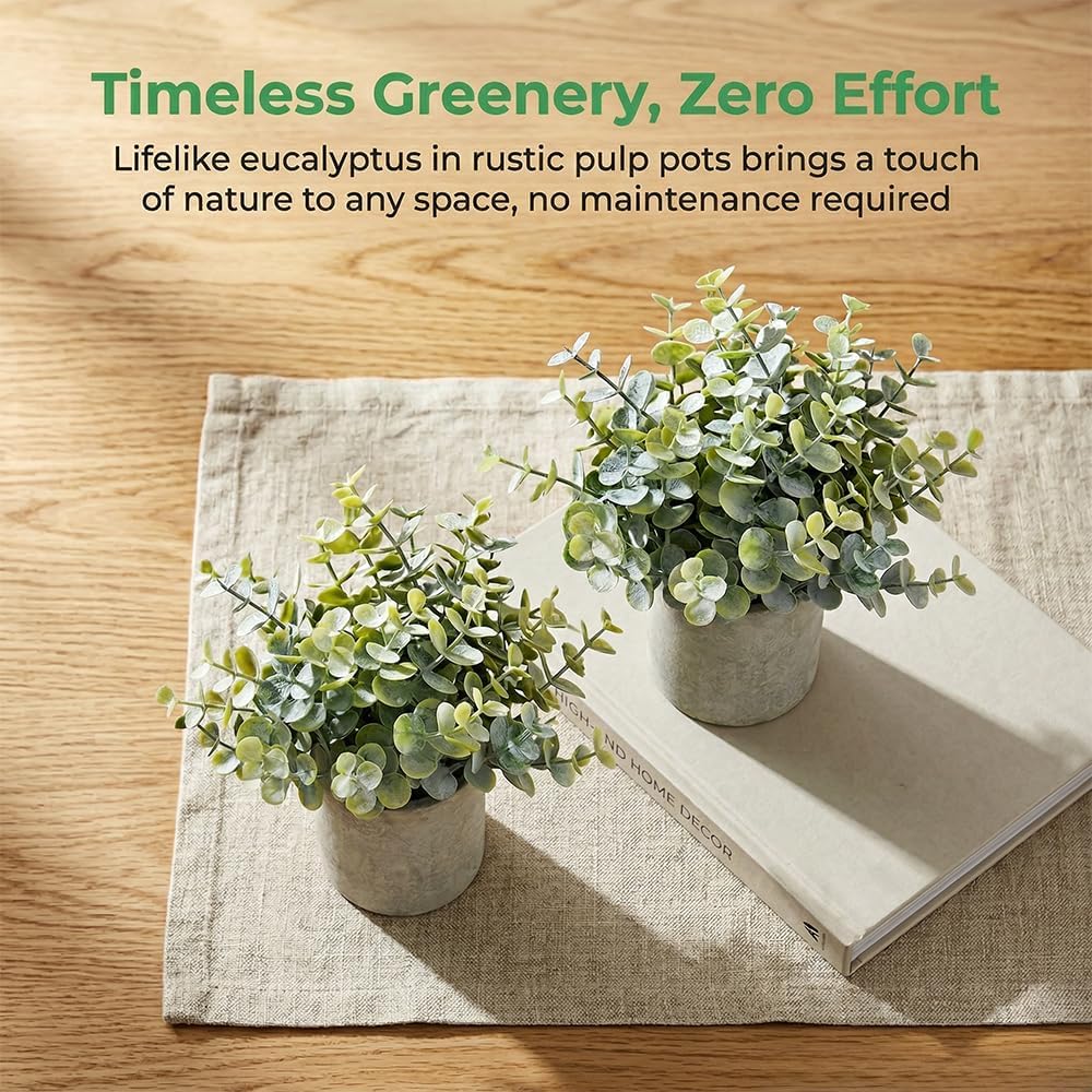 2 Pack Small Fake Eucalyptus Faux Potted Artificial Plants for Home Decor