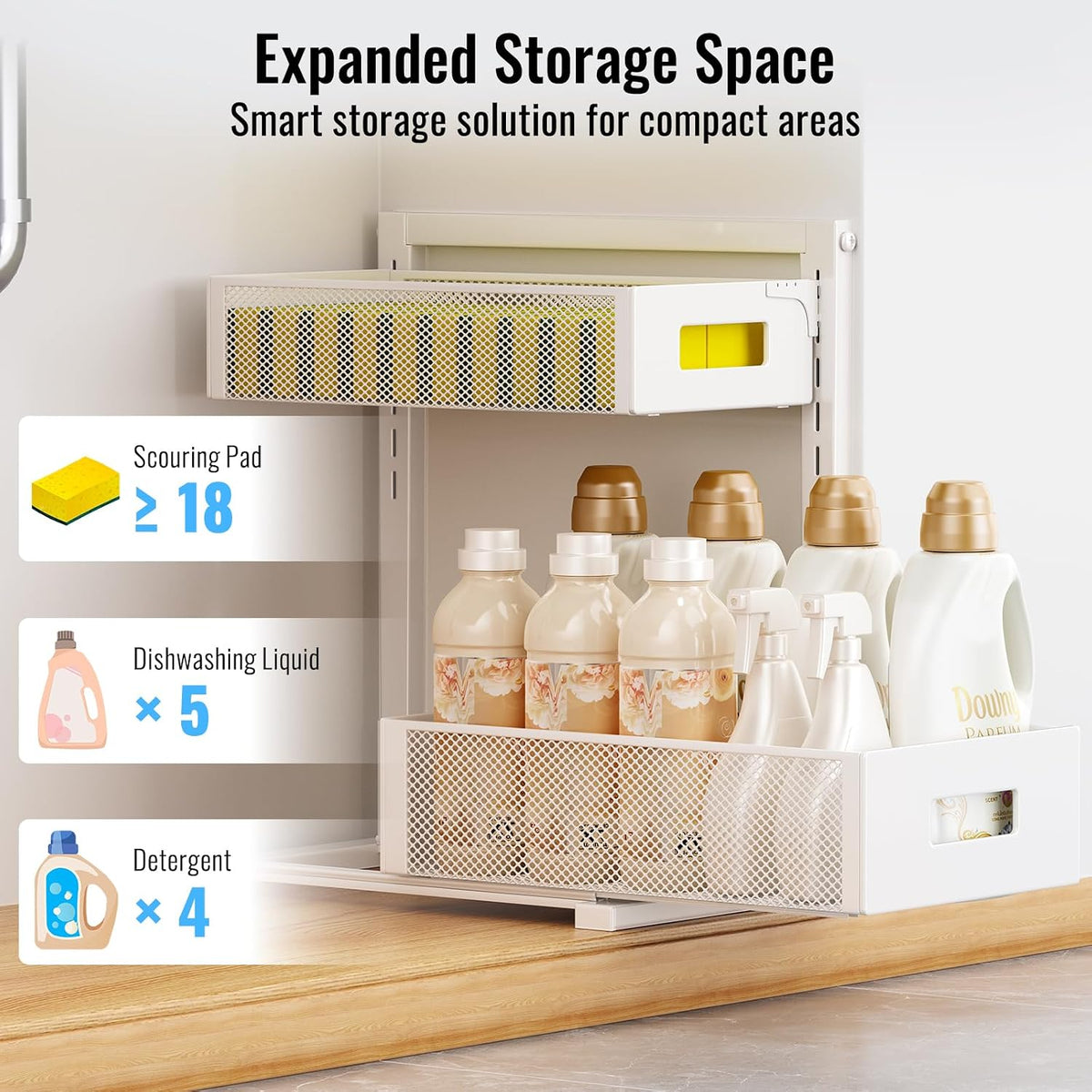 TISTAYA Full Metal Under Sink Organizer, Pull Out Cabinet Organizers and Storage, Silk-Smooth Sliding Drawer for Kitchen, Bathroom, Pantry, Cabinet, Closet (White, 2 Pack)