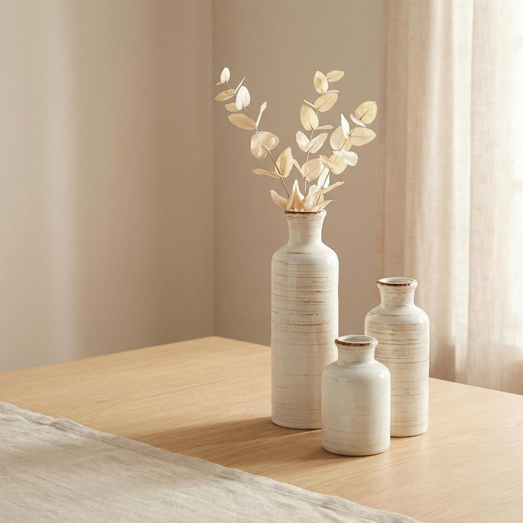 Vintage Ceramic Flower Vase Set of 3, Rustic Farmhouse Vase for Home Decor, Distressed Decorative Vase for Table Entryway Mantel Centerpiece Living Room Bathroom Bedroom (Linen Off-White)