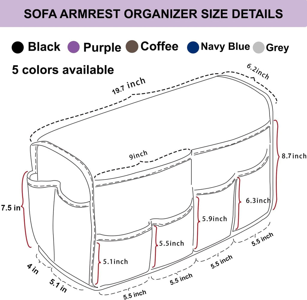 Armchair Caddy for Recliner Sofa Remote Control Holder Organizer for Recliners Purple Sofa Armrest Cover with 14 Pockets for Armchair Organizer