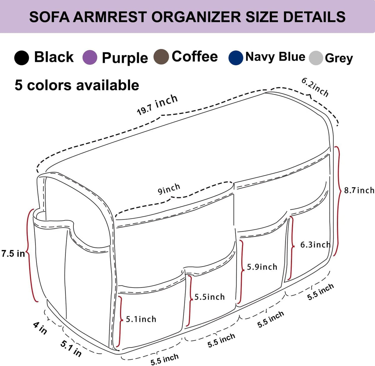 Armchair Caddy for Recliner Sofa Remote Control Holder Organizer for Recliners Purple Sofa Armrest Cover with 14 Pockets for Armchair Organizer