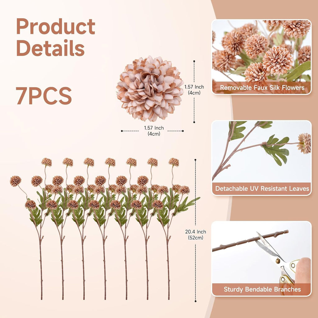 Faux Silk Mums Artificial Flowers - 7Pcs Artificial Mums Bendable Long Stems, Faux Flowers For Vase, Table, Wedding & Wreath Home Décor, Chrysanthemum Pom Pom Floral Arrangement, Coffee (No Vase)