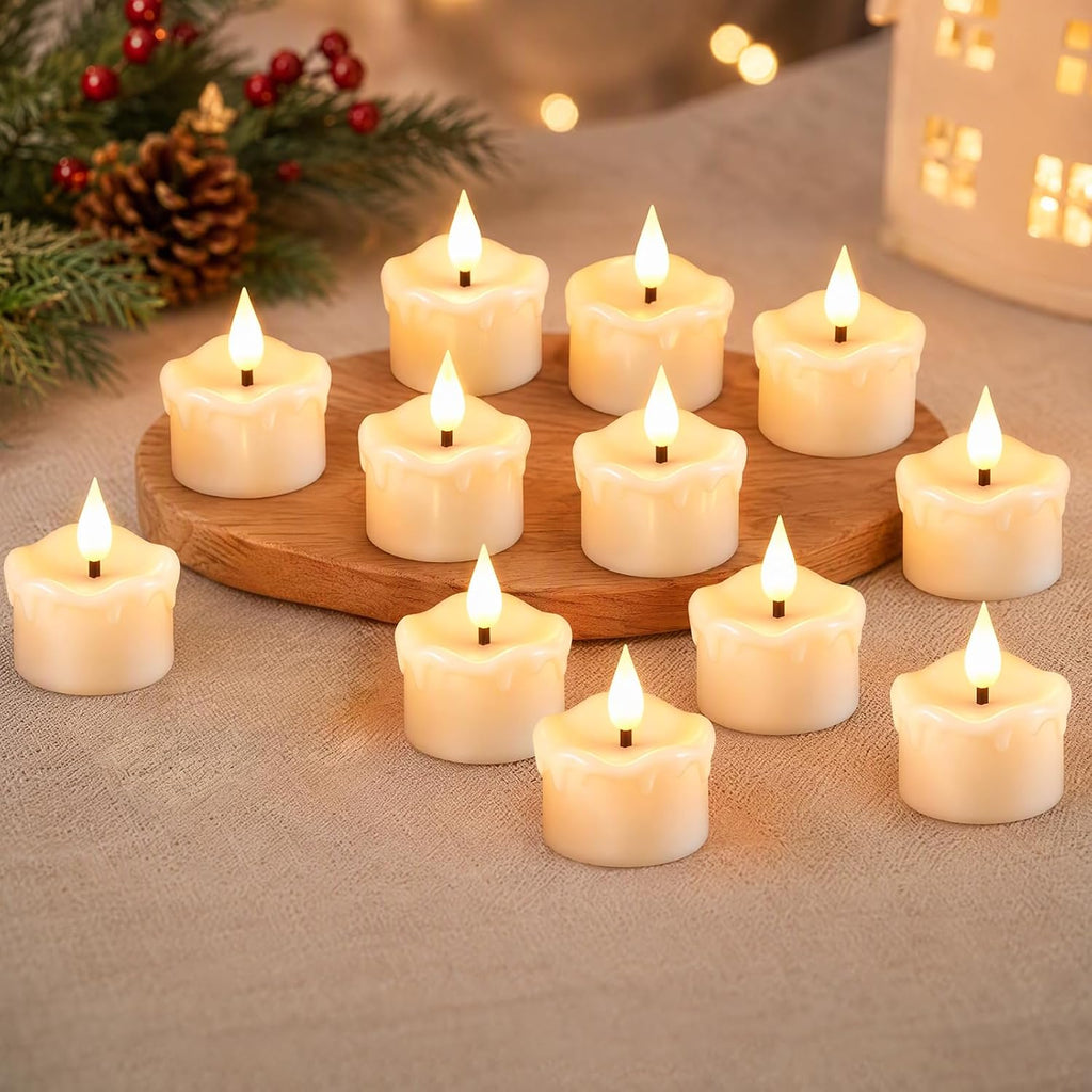 12 Pack Flameless Tea Light Candles with 6 hours Timer, 200+ Hours Long Lasting Battery Operated tealight, Real Wax Flickering Candles for Votive Wedding Centerpiece Table Decor Halloween Christmas