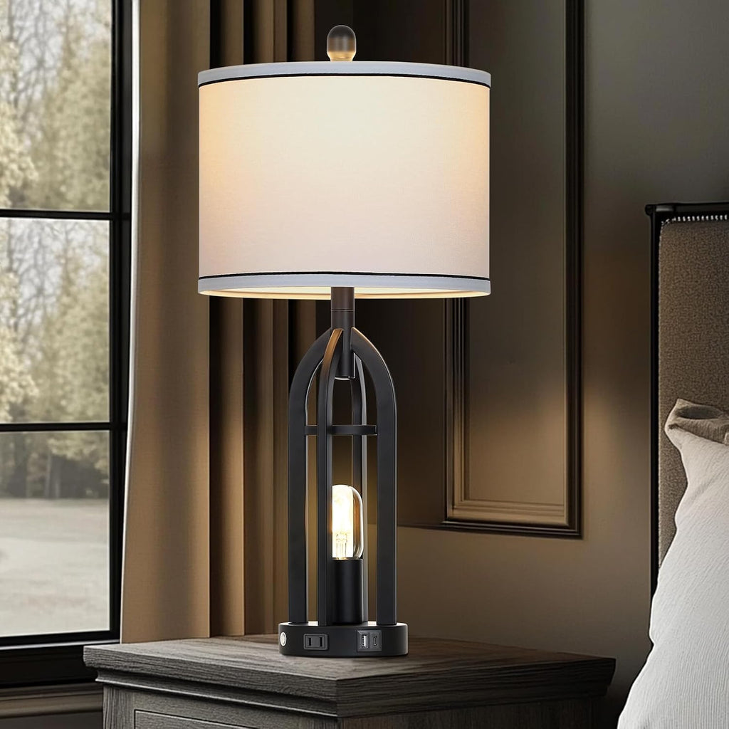 27" Tall Vintage Table Lamp with USB C+A & Outlet,Black Industrial End Table Lamp for Living Room,Farmhouse Rustic Bedside Lamps with Night Light for Bedroom Nightstand,Black（2 LED Bulbs Included）