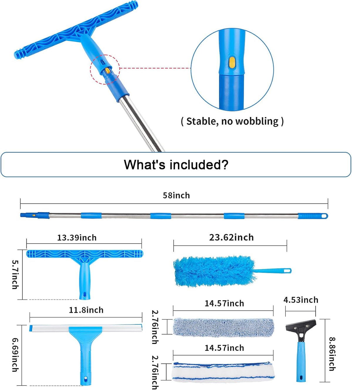Window Squeegee Cleaner with 4 Stainless Steel Extension Poles, 58inch Long Reach, Scrubber, Glass Scraper, Bendable Duster, 2 Scrubber Cloth for Window, Car, Professional Cleaning Kit