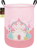 Round Fabric Collapsible Storage Basket with Handles, Pink Castle