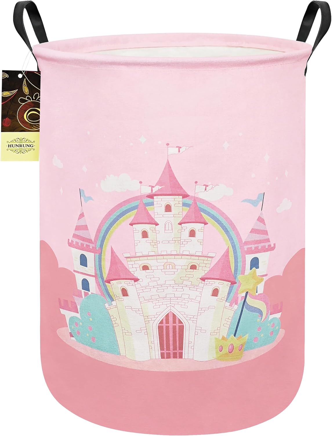Round Fabric Collapsible Storage Basket with Handles, Pink Castle