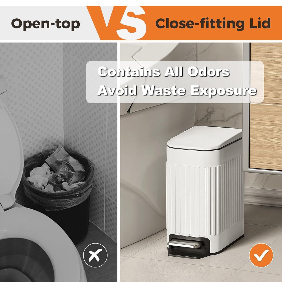 TrashAid Slim Bathroom Trash Can with Lid Soft Close & Pedal, 1.6Gal, White