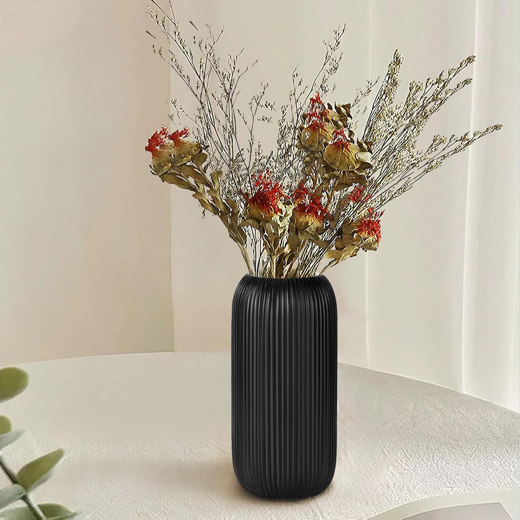 Ceramic Vase for Flowers – Modern Small Ribbed Textured Flower Vase for Home Decor, Pampas Grass, Decorative, Farmhouse, Coffee Table, Kitchen Centerpieces, Bookshelf and Home Living(Matte Black)