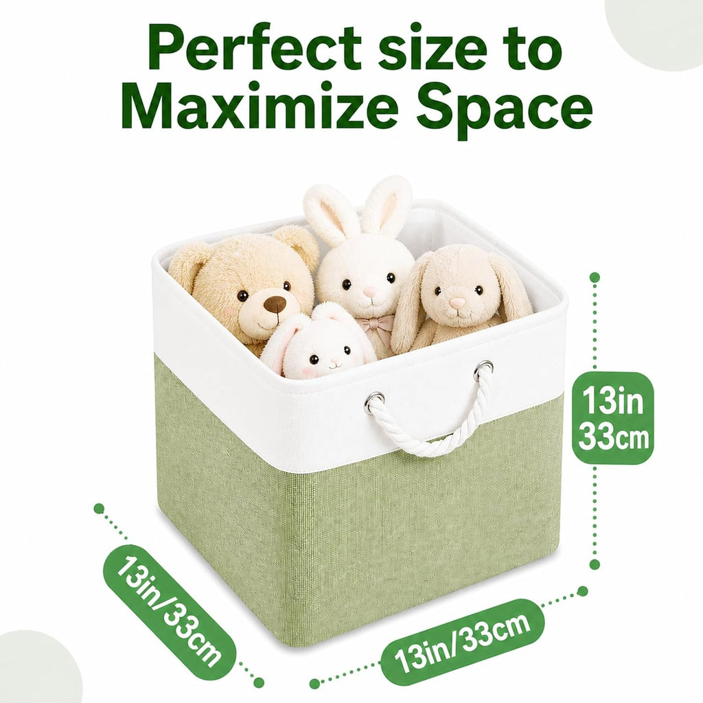 Fabric Storage Cubes 13 x 13, Collapsible Storage Bins for Shelf Baskets, Cube Storage Organizer White Green Bins with Cotton Handles, Foldable Storage Bin box, Cube Storage Bin 6 Pack