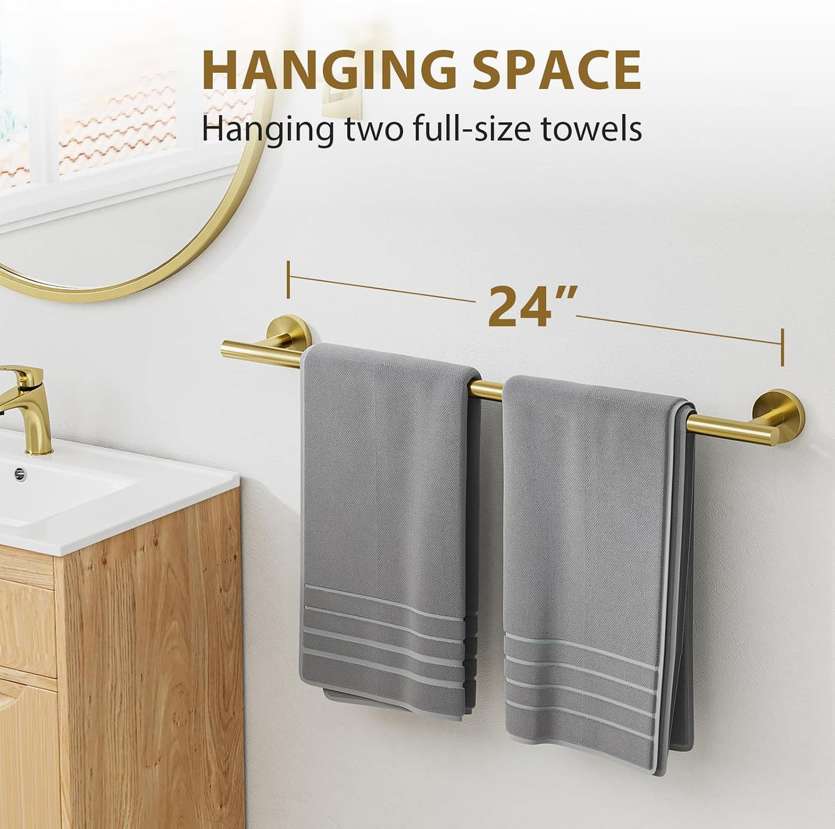 24 Inch Brushed Gold Towel Bar, Bathroom Towel Rack, Modern Bathroom Decor