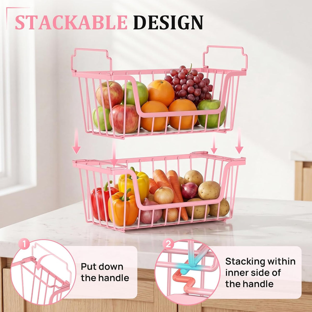 SUNALLY Stackable Storage Bins 4 Pcs Wire Baskets Freezer Organizer, Pink