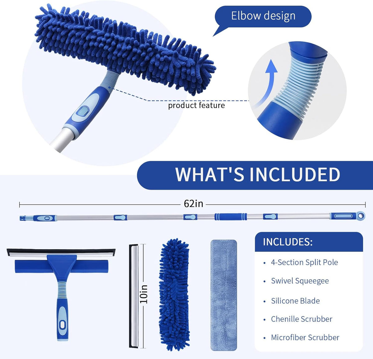 LOMIDA Professional Window Squeegee Kit - 62" Lightweight Aluminum Pole, 2 in 1 Rotatable Window Cleaning Tool Kit with Extension Pole Cleaning with Bendable Head for Car/Shower/High Windows