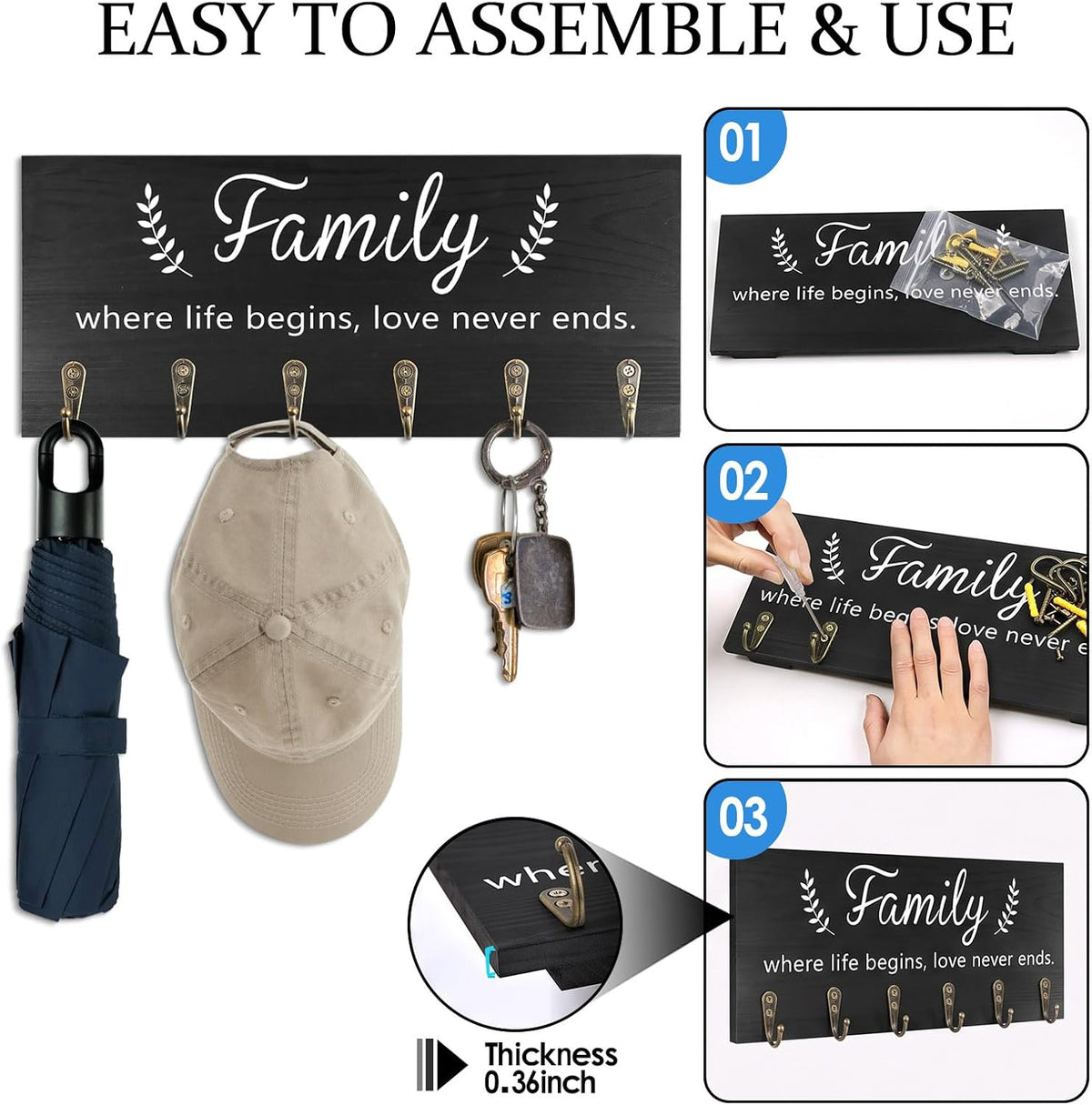 AHYS Key Holder Wall Mount Wooden Key Hanger with 6 Metal Hooks Rustic Family Wall Decor for Farmhouse Home Entryway Hallway Living Room Office Decorations - Black